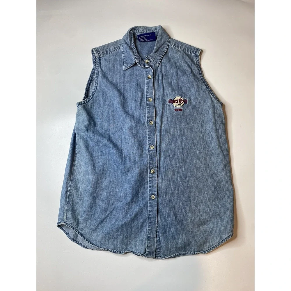 VTG Hard Rock Cafe ROME Italy Womens Large Denim Tank Top Button Shirt